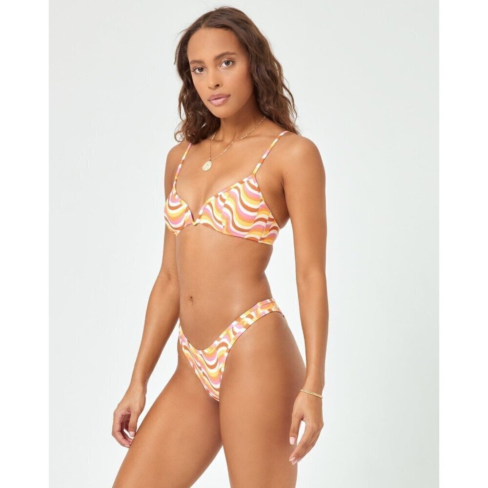L*Space Whiplash Bitsy Bottom pink orange yellow wave design size XS MSRP $88